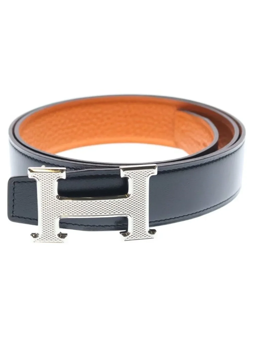 Hermes Logo Constance Leather Belt Black Silver